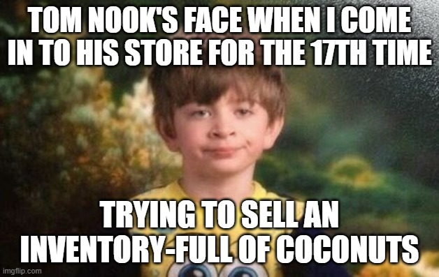 Fruits are best way for money! | TOM NOOK'S FACE WHEN I COME IN TO HIS STORE FOR THE 17TH TIME; TRYING TO SELL AN INVENTORY-FULL OF COCONUTS | image tagged in annoyed kid | made w/ Imgflip meme maker