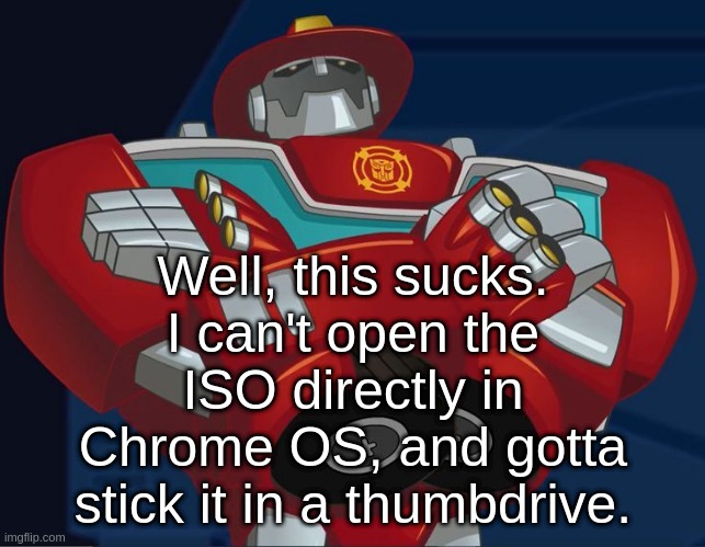 I then gotta use it as a bootable device | Well, this sucks. I can't open the ISO directly in Chrome OS, and gotta stick it in a thumbdrive. | image tagged in smug heatwave | made w/ Imgflip meme maker