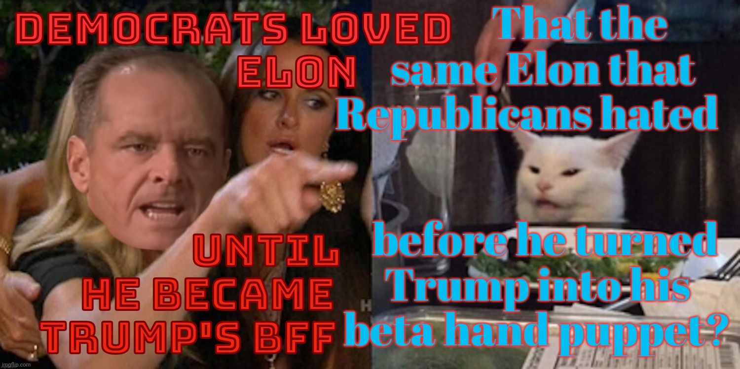 You can't handle the cat | DEMOCRATS LOVED
             ELON UNTIL
    HE BECAME
TRUMP'S BFF before he turned
Trump into his
beta hand puppet? That the
    same Elon t | image tagged in you can't handle the cat | made w/ Imgflip meme maker