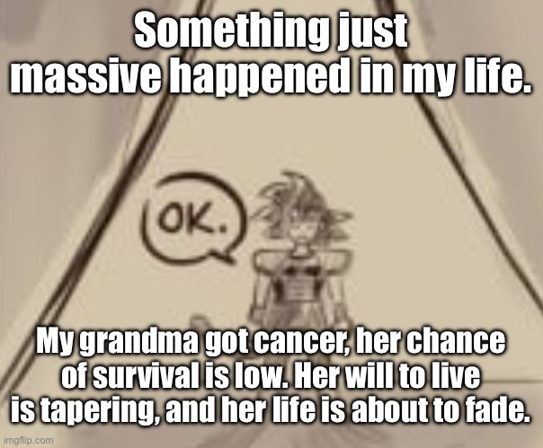 Bardock "OK." | Something just massive happened in my life. My grandma got cancer, her chance of survival is low. Her will to live is tapering, and her life is about to fade. | image tagged in bardock ok | made w/ Imgflip meme maker