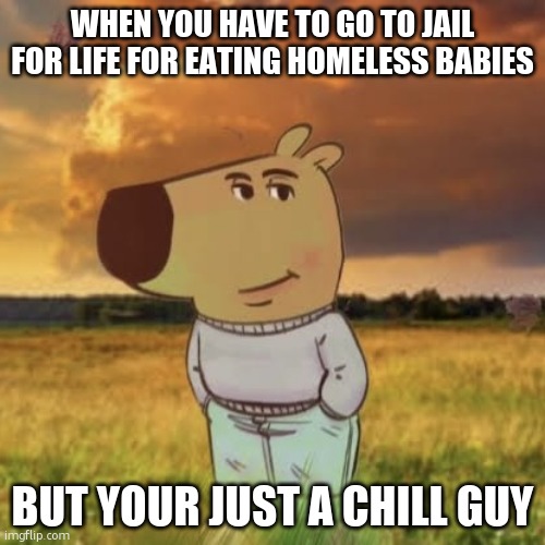 Chill guy | WHEN YOU HAVE TO GO TO JAIL FOR LIFE FOR EATING HOMELESS BABIES; BUT YOUR JUST A CHILL GUY | image tagged in chill guy | made w/ Imgflip meme maker