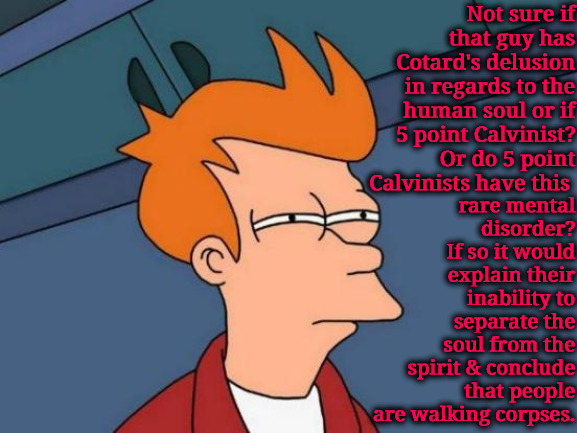 Delusion, 5 Point Calvinist Or Both? | Not sure if that guy has Cotard's delusion in regards to the human soul or if 5 point Calvinist? Or do 5 point Calvinists have this; rare mental disorder? If so it would explain their inability to separate the soul from the spirit & conclude that people are walking corpses. | image tagged in calvinism,arminian,molinism,walking corpse syndrome,delusional,divine marionettes | made w/ Imgflip meme maker