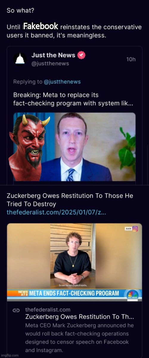 Fakebook needs to reinstate users it banned | Fakebook | image tagged in facebook,mark zuckerberg,censorship,satan | made w/ Imgflip meme maker