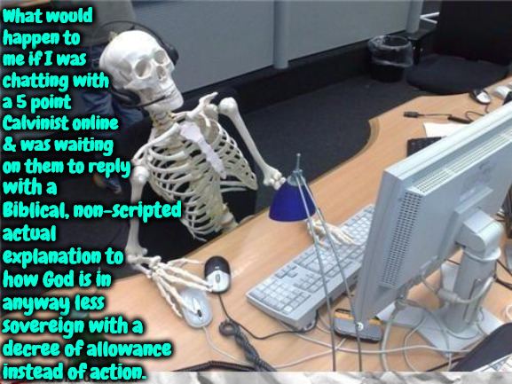 They NEVER Answer This | What would happen to me if I was chatting with a 5 point Calvinist online & was waiting on them to reply; with a Biblical, non-scripted actual explanation to how God is in anyway less sovereign with a decree of allowance instead of action. | image tagged in waiting skeleton,calvinism,arminian,molinism,god's sovereignty is impossible to revoke,reformed theology 5 point | made w/ Imgflip meme maker