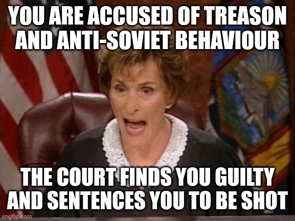 You are accused of anti-soviet behaviour (Its the meme not politics) | YOU ARE ACCUSED OF TREASON AND ANTI-SOVIET BEHAVIOUR; THE COURT FINDS YOU GUILTY AND SENTENCES YOU TO BE SHOT | image tagged in judge judy | made w/ Imgflip meme maker