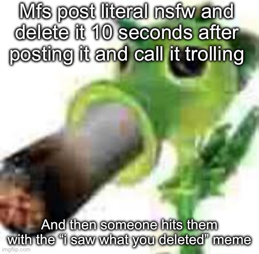 The entirety of msmg lore: | Mfs post literal nsfw and delete it 10 seconds after posting it and call it trolling; And then someone hits them with the “i saw what you deleted” meme | image tagged in badass peashooter smocking that pack | made w/ Imgflip meme maker