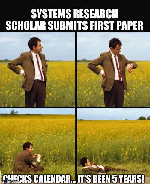 Mr bean waiting | SYSTEMS RESEARCH SCHOLAR SUBMITS FIRST PAPER; CHECKS CALENDAR... IT'S BEEN 5 YEARS! | image tagged in mr bean waiting | made w/ Imgflip meme maker