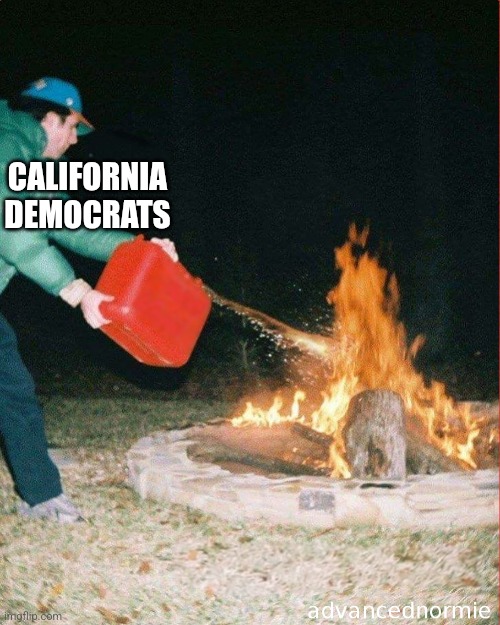 pouring gas on fire | CALIFORNIA DEMOCRATS | image tagged in pouring gas on fire,memes,democrats,california,los angeles,california fires | made w/ Imgflip meme maker