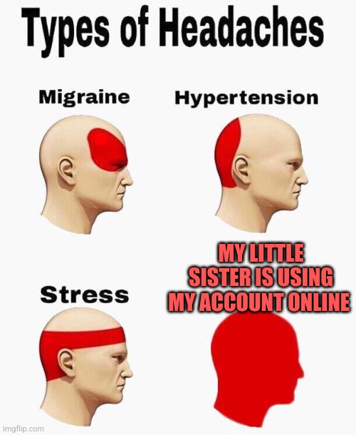 What really gives a headache? Write in comments | MY LITTLE SISTER IS USING MY ACCOUNT ONLINE | image tagged in types of headaches | made w/ Imgflip meme maker