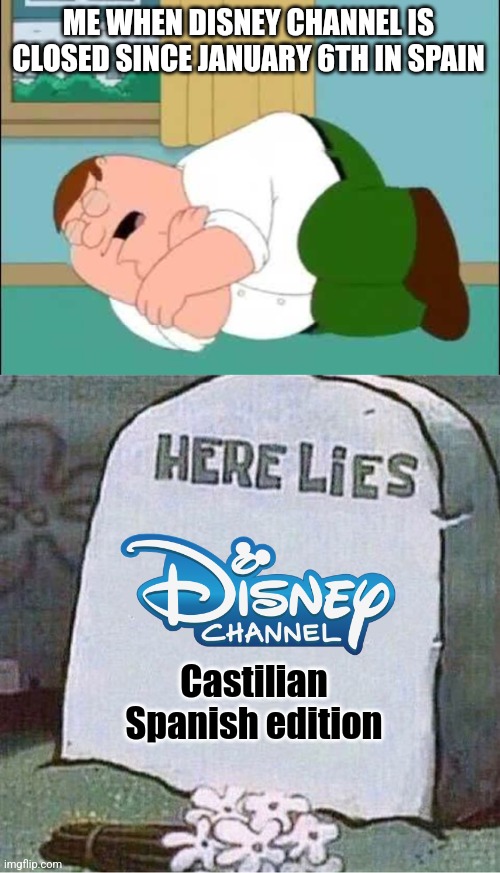 Hello Squirrel (idk what is that channel) | ME WHEN DISNEY CHANNEL IS CLOSED SINCE JANUARY 6TH IN SPAIN; Castilian Spanish edition | image tagged in peter griffin crying,disney channel,spain,imma kill myself,right in the childhood,why | made w/ Imgflip meme maker