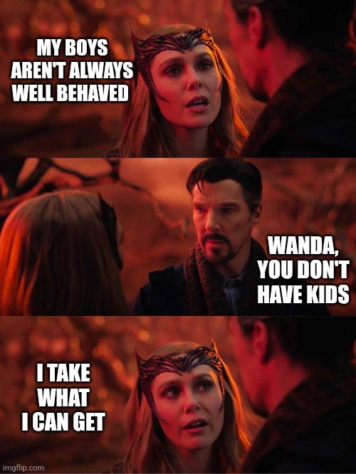 Wanda Strange | MY BOYS AREN'T ALWAYS WELL BEHAVED; WANDA, YOU DON'T HAVE KIDS; I TAKE WHAT I CAN GET | image tagged in wanda strange | made w/ Imgflip meme maker