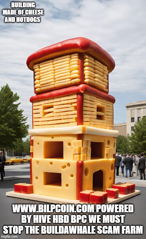 BUILDING MADE OF CHEESE AND HOTDOGS; WWW.BILPCOIN.COM POWERED BY HIVE HBD BPC WE MUST STOP THE BUILDAWHALE SCAM FARM | made w/ Imgflip meme maker