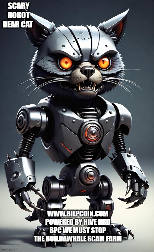 SCARY ROBOT BEAR CAT; WWW.BILPCOIN.COM POWERED BY HIVE HBD BPC WE MUST STOP THE BUILDAWHALE SCAM FARM | made w/ Imgflip meme maker