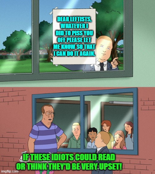 Public educational leftist indoctrination systems. | DEAR LEFTISTS, WHATEVER I DID TO PISS YOU OFF PLEASE LET ME KNOW SO THAT I CAN DO IT AGAIN. IF THESE IDIOTS COULD READ OR THINK THEY'D BE VERY UPSET! | image tagged in if those kids could read they'd be very upset | made w/ Imgflip meme maker