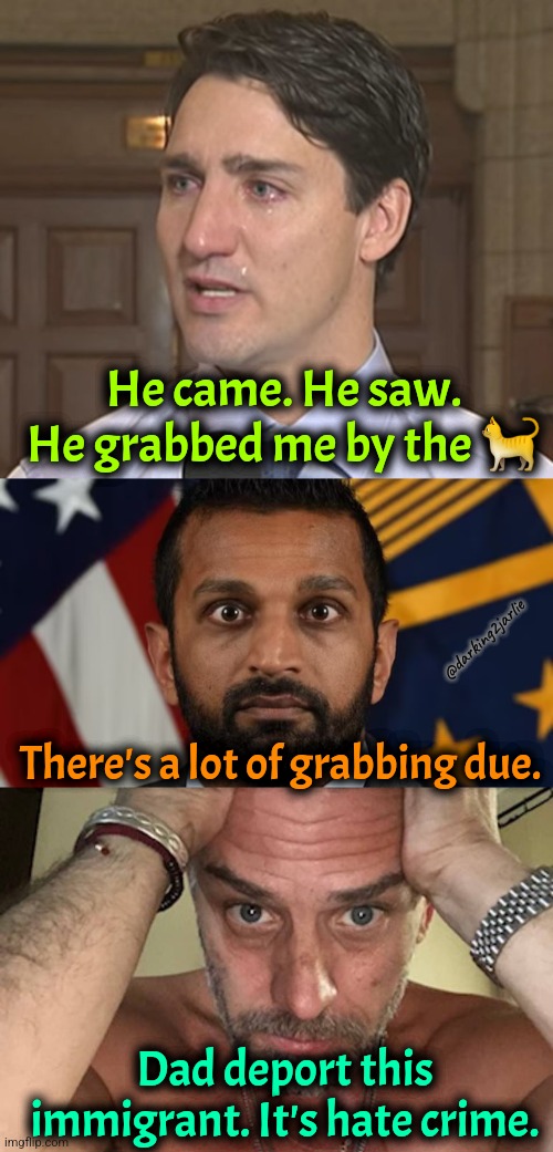 Hate Crime | He came. He saw. He grabbed me by the 🐈; @darking2jarlie; There's a lot of grabbing due. Dad deport this immigrant. It's hate crime. | image tagged in justin trudeau,trump,america,politics | made w/ Imgflip meme maker