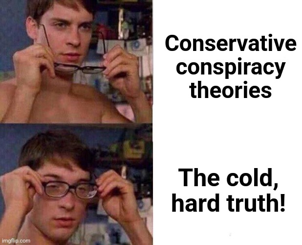 Spiderman Glasses | Conservative
conspiracy
theories The cold,
hard truth! | image tagged in spiderman glasses | made w/ Imgflip meme maker