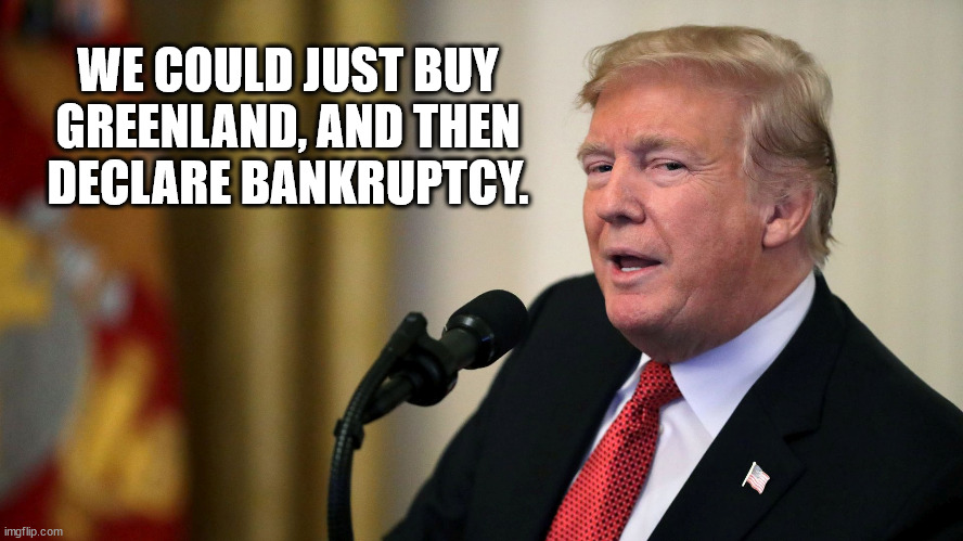 Trump con man side eye | WE COULD JUST BUY GREENLAND, AND THEN DECLARE BANKRUPTCY. | image tagged in trump con man side eye | made w/ Imgflip meme maker