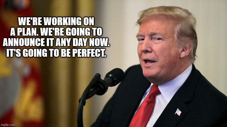 Trump con man side eye | WE'RE WORKING ON A PLAN. WE'RE GOING TO ANNOUNCE IT ANY DAY NOW. IT'S GOING TO BE PERFECT. | image tagged in trump con man side eye | made w/ Imgflip meme maker