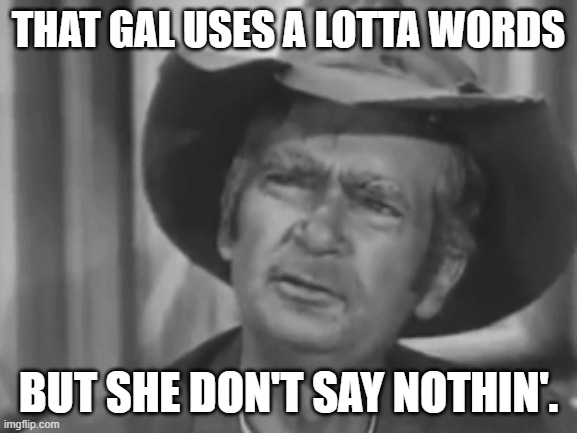 Jed Clampett | THAT GAL USES A LOTTA WORDS BUT SHE DON'T SAY NOTHIN'. | image tagged in jed clampett | made w/ Imgflip meme maker