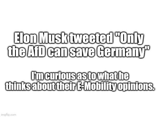 Have fun! | Elon Musk tweeted "Only the AfD can save Germany"; I'm curious as to what he thinks about their E-Mobility opinions. | image tagged in ironic | made w/ Imgflip meme maker