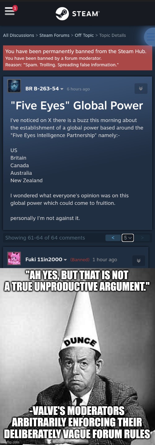 "AH YES, BUT THAT IS NOT A TRUE UNPRODUCTIVE ARGUMENT."; -VALVE'S MODERATORS ARBITRARILY ENFORCING THEIR DELIBERATELY VAGUE FORUM RULES | image tagged in dunce | made w/ Imgflip meme maker