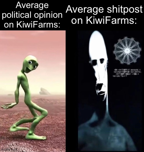 Average political opinion on KiwiFarms:; Average shitpost on KiwiFarms: | made w/ Imgflip meme maker