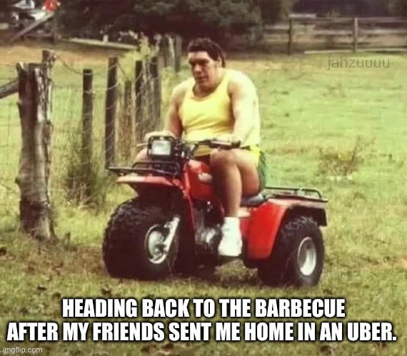 Andre the Giant | HEADING BACK TO THE BARBECUE AFTER MY FRIENDS SENT ME HOME IN AN UBER. | image tagged in disrespect,barbecue,you're drunk,alcohol,alcoholic,return of the king | made w/ Imgflip meme maker