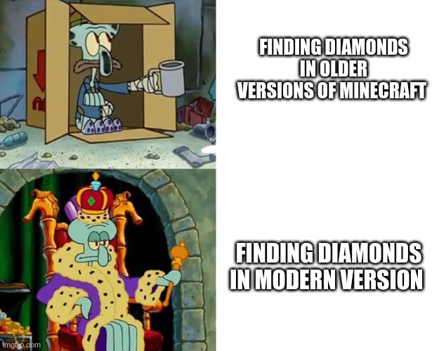 e | FINDING DIAMONDS IN OLDER VERSIONS OF MINECRAFT; FINDING DIAMONDS IN MODERN VERSION | image tagged in poor squidward to rich squidward,minecraft,minecraft movie,minecraft 2 | made w/ Imgflip meme maker