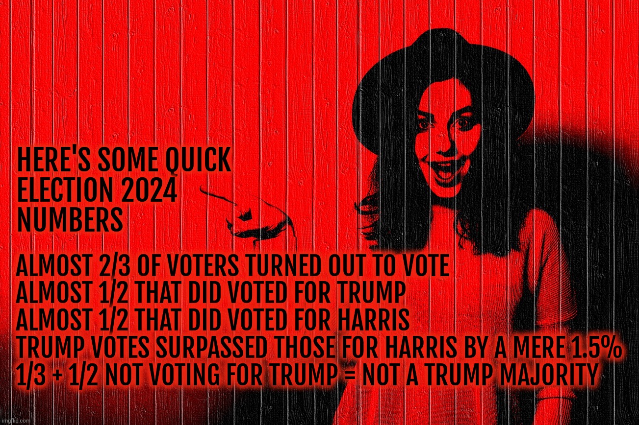 I was never good at math. But MAGAts surpass even that because they exceed whenever low IQs are in demand,,, | HERE'S SOME QUICK
ELECTION 2024
NUMBERS; ALMOST 2/3 OF VOTERS TURNED OUT TO VOTE
ALMOST 1/2 THAT DID VOTED FOR TRUMP
ALMOST 1/2 THAT DID VOTED FOR HARRIS
TRUMP VOTES SURPASSED THOSE FOR HARRIS BY A MERE 1.5%
1/3 + 1/2 NOT VOTING FOR TRUMP = NOT A TRUMP MAJORITY | image tagged in red fence woman pointing,election 2024,trump won by a slim margin,trump did not win the majority of voters,because math | made w/ Imgflip meme maker