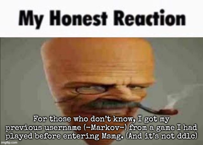 My honest reaction | For those who don’t know, I got my previous username (-Markov-) from a game I had played before entering Msmg. (And it’s not ddlc) | image tagged in my honest reaction,msmg | made w/ Imgflip meme maker