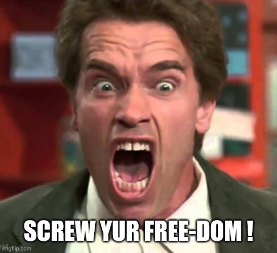 Arnold yelling | SCREW YUR FREE-DOM ! | image tagged in arnold yelling | made w/ Imgflip meme maker