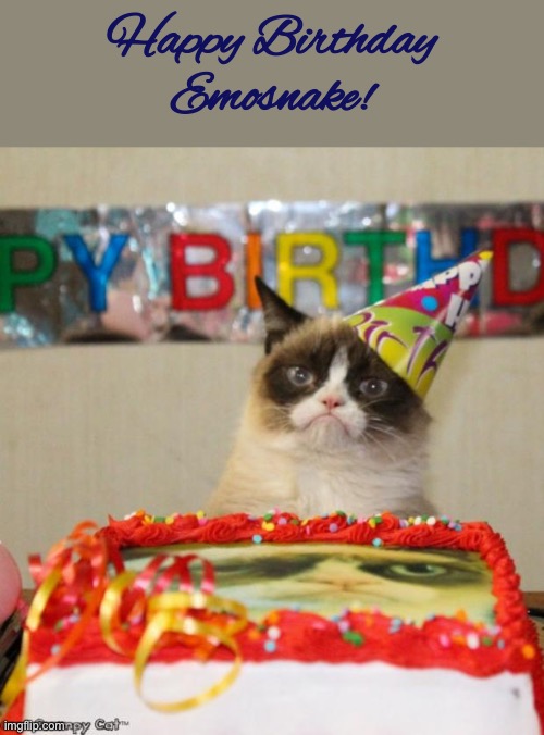 Grumpy Cat Birthday | Happy Birthday Emosnake! | image tagged in memes,grumpy cat birthday,grumpy cat | made w/ Imgflip meme maker