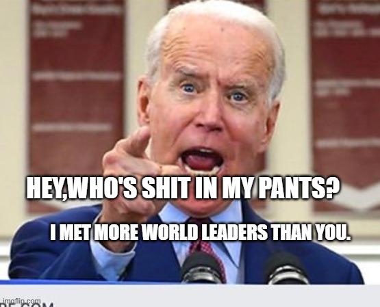 Joe Biden no malarkey | HEY,WHO'S SHIT IN MY PANTS? I MET MORE WORLD LEADERS THAN YOU. | image tagged in joe biden no malarkey | made w/ Imgflip meme maker