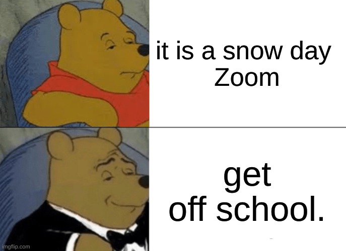 Tuxedo Winnie The Pooh | it is a snow day 
Zoom; get off school. | image tagged in memes,tuxedo winnie the pooh | made w/ Imgflip meme maker