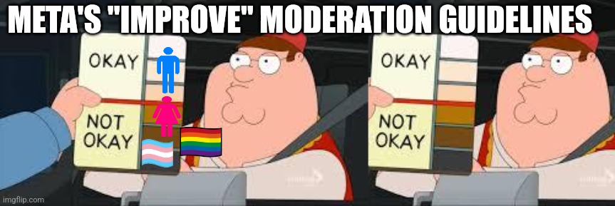 META'S "IMPROVE" MODERATION GUIDELINES | image tagged in racist peter griffin family guy | made w/ Imgflip meme maker