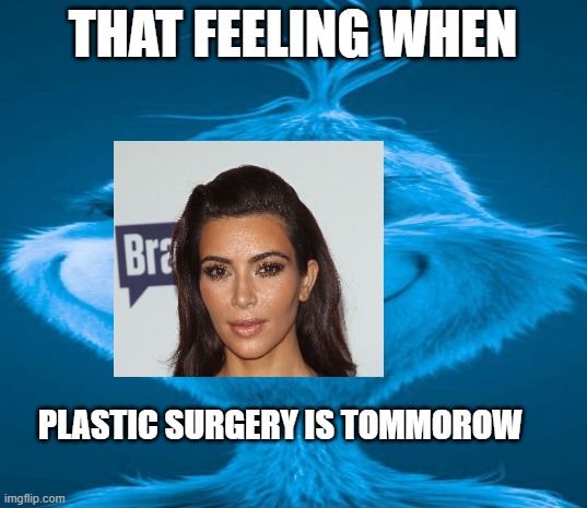 kim the grinch | THAT FEELING WHEN; PLASTIC SURGERY IS TOMMOROW | image tagged in blue grinch | made w/ Imgflip meme maker