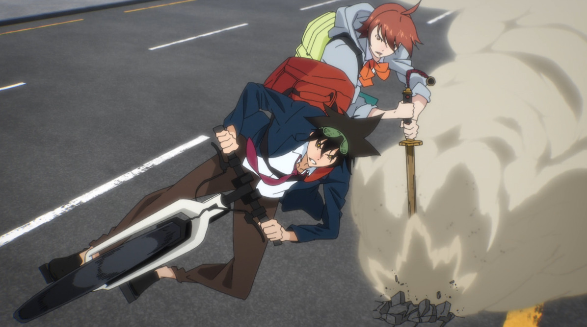 High Quality Mira putting sword to ground while Mori riding with bike Blank Meme Template