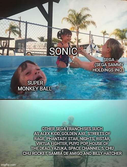 Mother Ignoring Kid Drowning In A Pool | SONIC; SEGA (SEGA SAMMY HOLDINGS INC.); SUPER MONKEY BALL; OTHER SEGA FRANCHISES SUCH AS ALEX KIDD, GOLDEN AXE, STREETS OF RAGE, PHANTASY STAR, NIGHTS, RISTAR, VIRTUA FIGHTER, PUYO POP, HOUSE OF THE DEAD, YAZUKA, SPACE CHANNEL 5, CHU CHU ROCKET, SAMBA DE AMIGO AND BILLY HATCHER | image tagged in mother ignoring kid drowning in a pool,sega,sega sammy,sonic the hedgehog,sonic | made w/ Imgflip meme maker