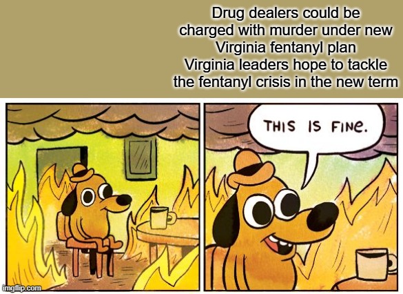 THIS is good and about time. | Drug dealers could be charged with murder under new Virginia fentanyl plan
Virginia leaders hope to tackle the fentanyl crisis in the new term | image tagged in memes,this is fine | made w/ Imgflip meme maker