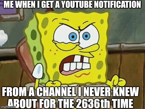 very annoying | ME WHEN I GET A YOUTUBE NOTIFICATION; FROM A CHANNEL I NEVER KNEW ABOUT FOR THE 2636      TIME; th | image tagged in pissed off spongebob,relatable,yt,youtube,memes,oh wow are you actually reading these tags | made w/ Imgflip meme maker