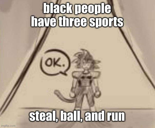 Bardock "OK." | black people have three sports; steal, ball, and run | image tagged in bardock ok,jjba | made w/ Imgflip meme maker