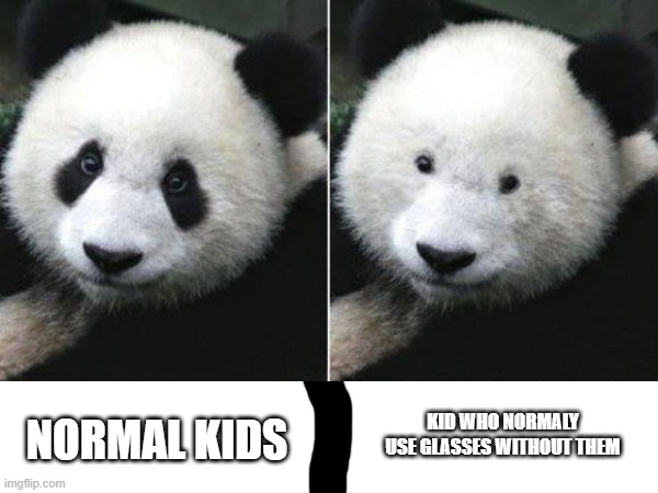 NORMAL KIDS; KID WHO NORMALY USE GLASSES WITHOUT THEM | image tagged in panda,kids | made w/ Imgflip meme maker