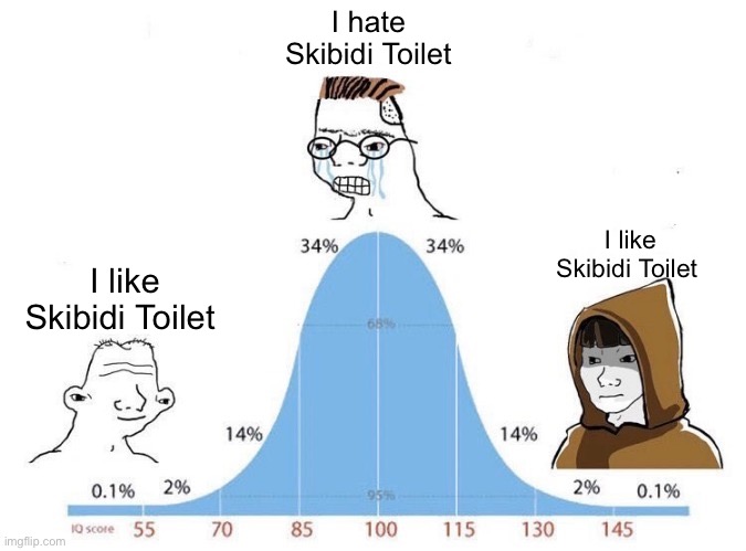 The Truth | I hate Skibidi Toilet; I like Skibidi Toilet; I like Skibidi Toilet | image tagged in bell curve,skibidi toilet,funny,memes,original meme,truth | made w/ Imgflip meme maker