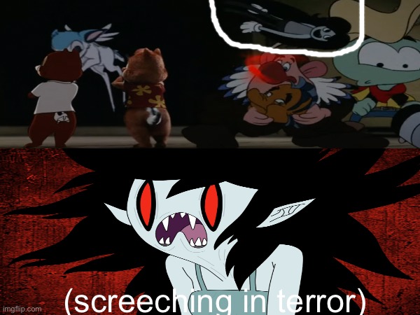 Marceline afraid of her bootleg form in Chip n’ Dale: Rescue Rangers (2022) | (screeching in terror) | image tagged in scared,marceline,adventure time,chip n dale,bootleg | made w/ Imgflip meme maker