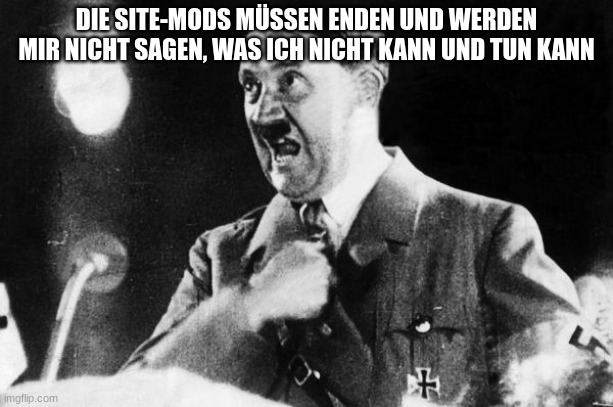 adolf hitler | DIE SITE-MODS MÜSSEN ENDEN UND WERDEN MIR NICHT SAGEN, WAS ICH NICHT KANN UND TUN KANN | image tagged in adolf hitler | made w/ Imgflip meme maker