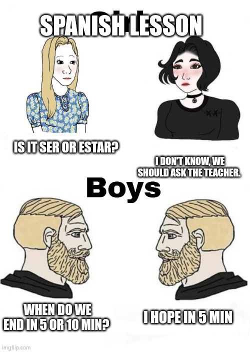 Spanish lesson | SPANISH LESSON; IS IT SER OR ESTAR? I DON'T KNOW, WE SHOULD ASK THE TEACHER. WHEN DO WE END IN 5 OR 10 MIN? I HOPE IN 5 MIN | image tagged in girls vs boys,school,spanish,me and the boys | made w/ Imgflip meme maker