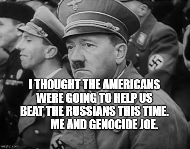 sad hitler | I THOUGHT THE AMERICANS WERE GOING TO HELP US BEAT THE RUSSIANS THIS TIME.          ME AND GENOCIDE JOE. | image tagged in sad hitler | made w/ Imgflip meme maker