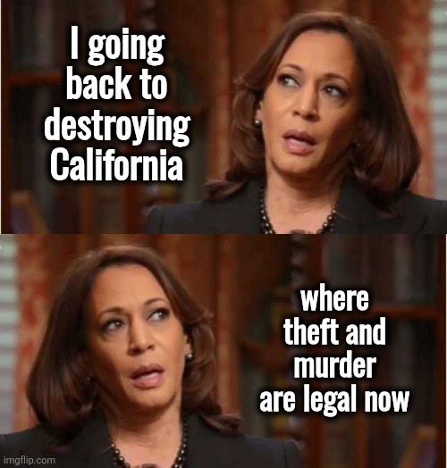 I going back to destroying California where theft and murder are legal now | image tagged in kamala harris | made w/ Imgflip meme maker