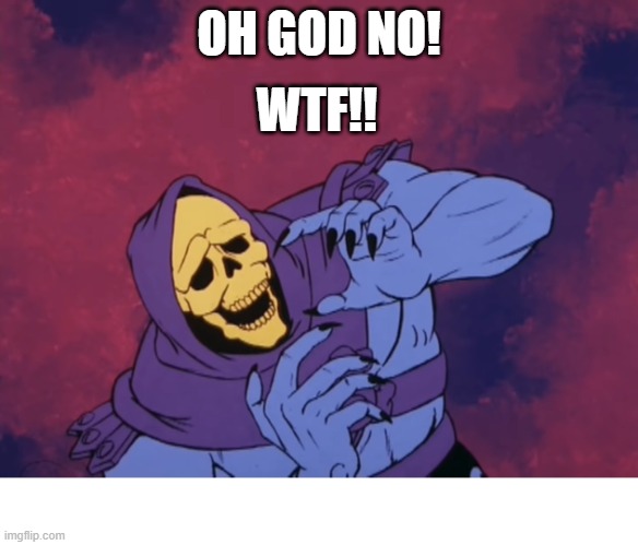 Oh God NO | WTF!! OH GOD NO! | image tagged in skeletor oh god what the fuck | made w/ Imgflip meme maker