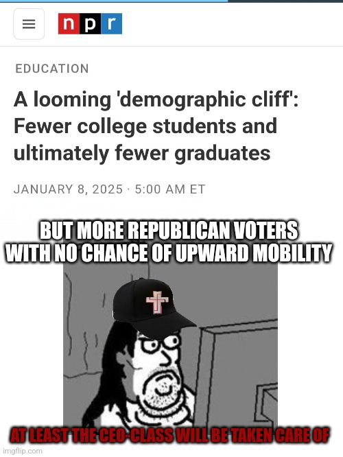 Cooked Country. China. Come. | BUT MORE REPUBLICAN VOTERS WITH NO CHANCE OF UPWARD MOBILITY; AT LEAST THE CEO-CLASS WILL BE TAKEN CARE OF | image tagged in dark humor,comedy | made w/ Imgflip meme maker